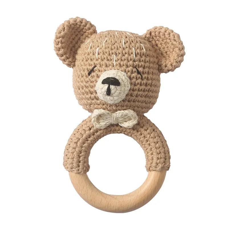 Baby Rattle Toy – Crochet Animal Designs with Wooden Ring Teether