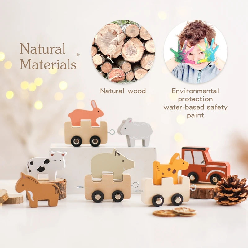 Baby Wooden Building Blocks Train Farm Animals Stacking Educational Montessori Toy